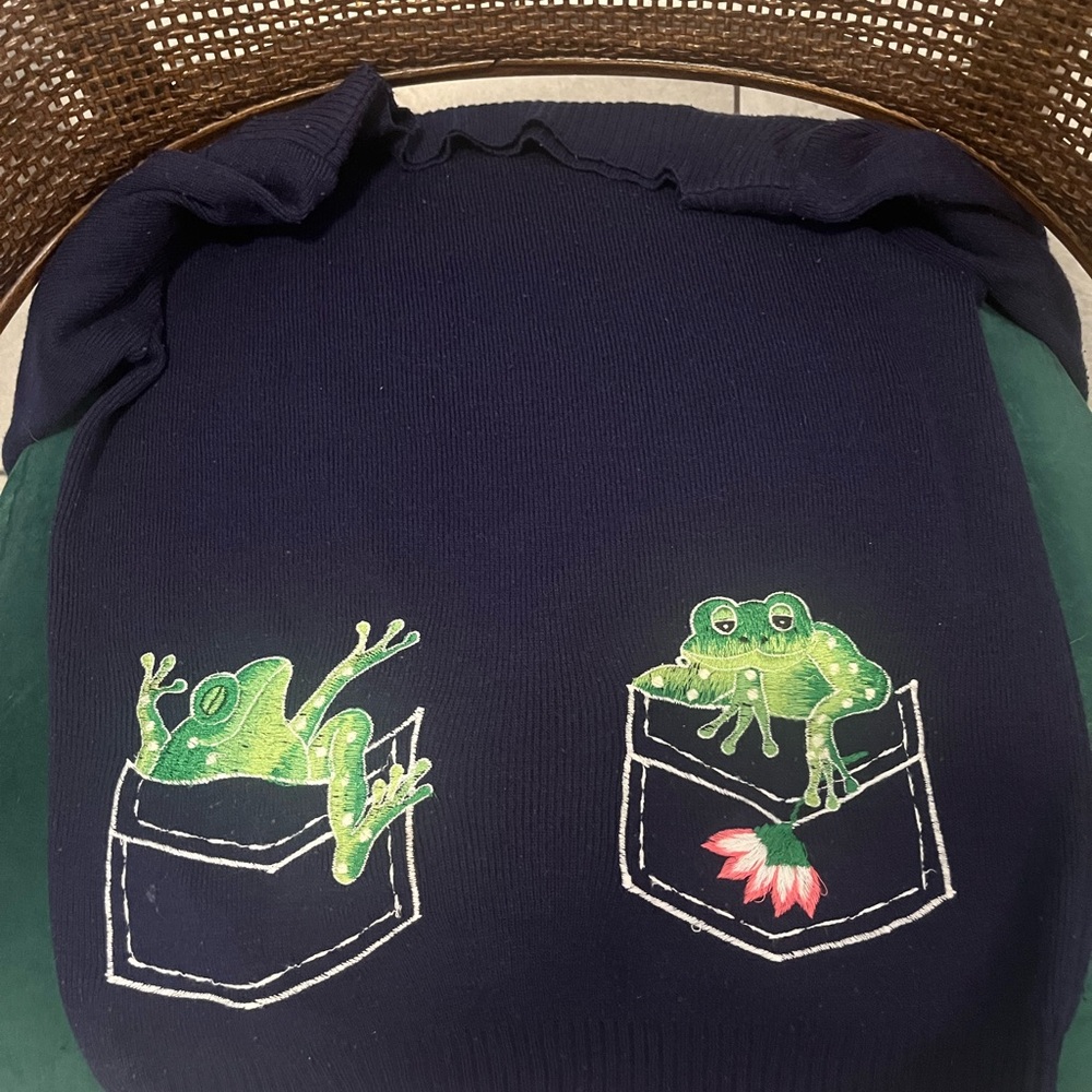 Vintage 1970’s Navy Boatneck Frog Sweater”To Find Your Prince Charming” Size S/M